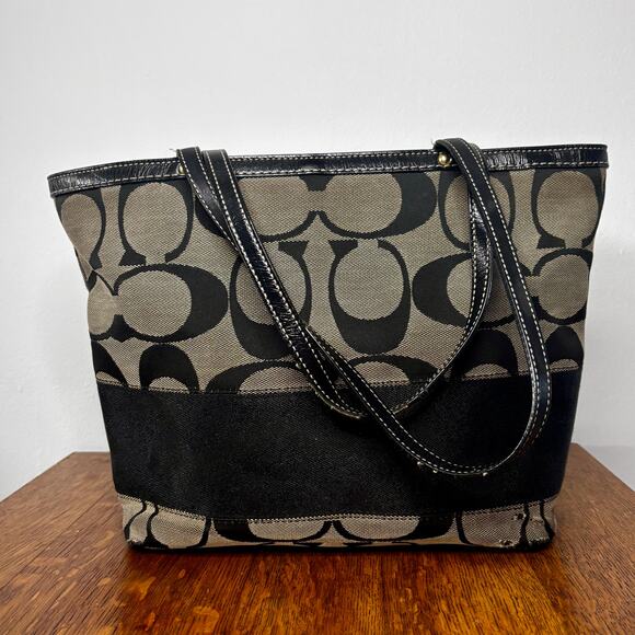 Vintage Y2K Coach Shoulder Tote Bag Black Leather Trim Logo Purse 10" x 9" x 4" - Picture 1 of 16
